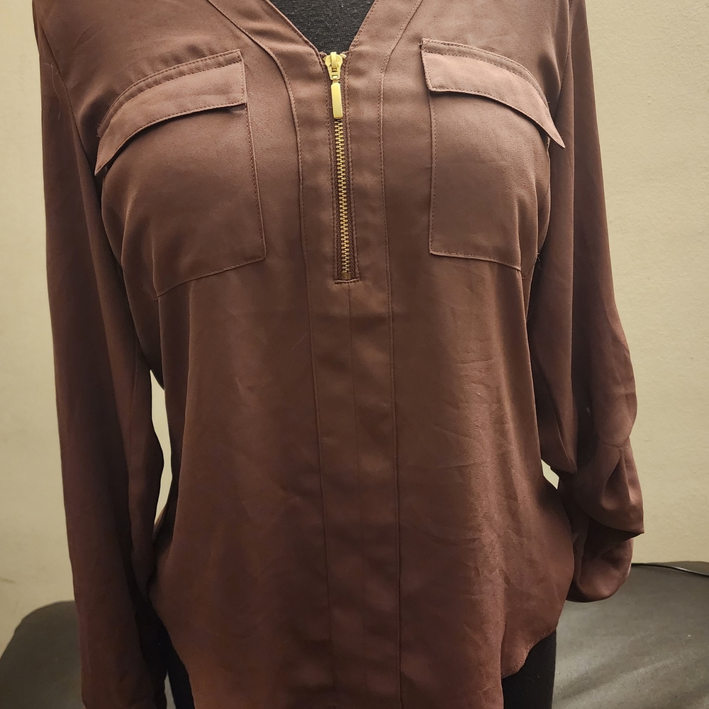 Express Brown Blouse with Gold Zipper